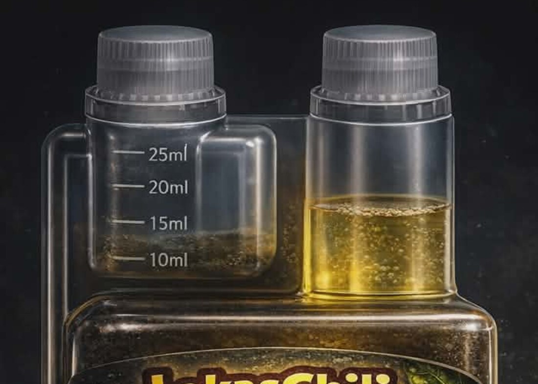 OneGrow-flaskans doseringskammare med markeringar från 10 till 25 milliliter